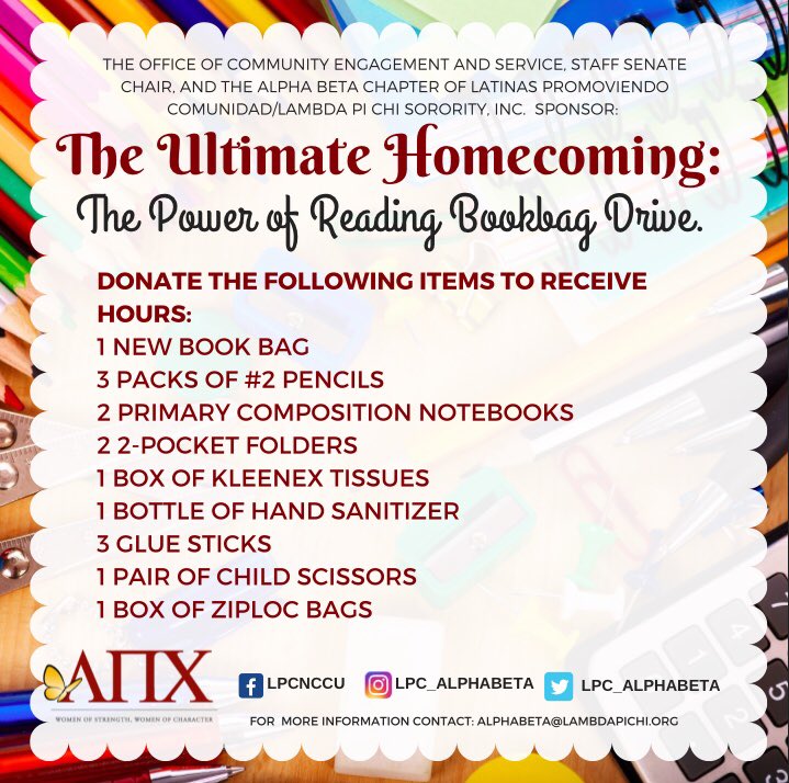 lpc_alphabeta's tweet photo. Join us in serving the elementary school by bringing a book bag full with the items listed and come read to students. Earn 15 hours toward graduation when doing both activities or 2.5 hours for just reading to the students. You don’t want to miss out 📚🖍 #NCCU #CommunityService https://t.co/cTXZ40QWcv