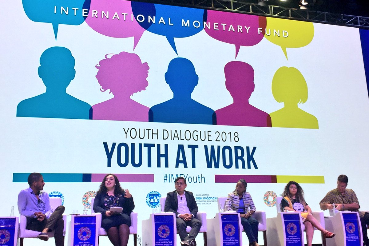 AmbMacArthur's tweet photo. Key takeaway from #IMFYouth seminar at #IMFWBAnnualMeeting2018 in #Bali is that today’s new generation has energy &amp; ambition to apply fresh thinking to embrace #innovation  needed to navigate thru #Industry40io disruption, view also evident meeting @YDCanada young 🇨🇦#diplomats https://t.co/qyTRGIExD7