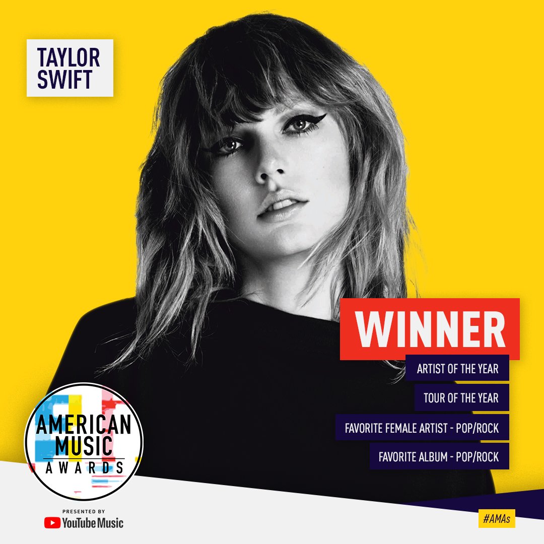 AMAs's tweet photo. What a night for @taylorswift13! She won four awards tonight and now holds the record for most wins by a female artist at the #AMAs. CONGRATULATIONS! #TaylorSwiftAMAs https://t.co/LjRhEdhpUv