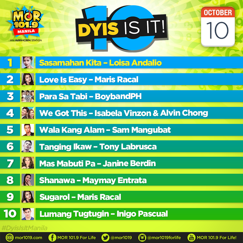 MORentPH's tweet photo. Ito na ang mga kantang pasok sa ating #DyisIsItManila Countdown para sa araw na ito, October 10, 2018. https://t.co/E850KjJwod