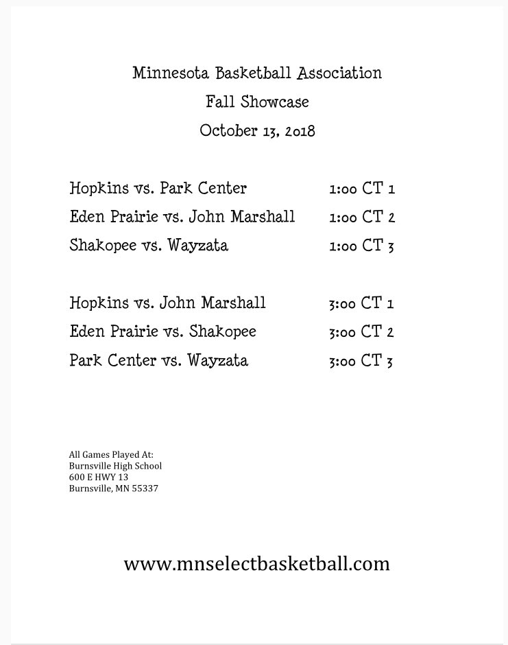 Minnesota Basketball Association Fall Showcase. Great way to spend a Saturday afternoon. Watch some of the states top teams.