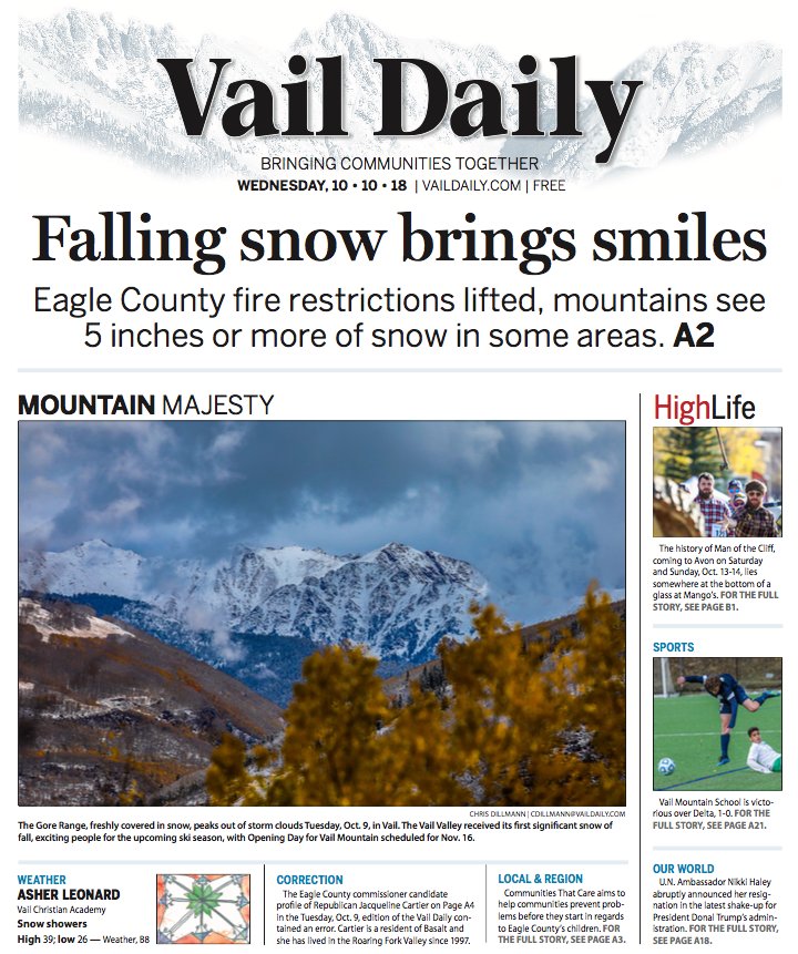 VailDaily's tweet photo. Our cover for Wednesday, Oct. 10: No more fire restrictions, #ManOfTheCliff, first snowfall and VMS soccer gets the W. https://t.co/yV44WIT8aU