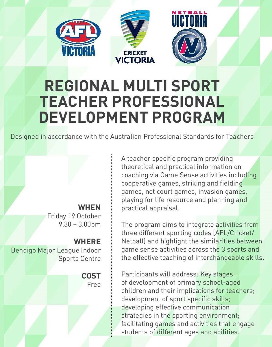 Regional Multi Sport Teacher Professional Development Program

Friday 19th October, 9:30am to 3pm at Bendigo Major League Indoor Sports Centre

Click to register: 
cricketvictoria.wufoo.com/forms/zrkfyjd0…