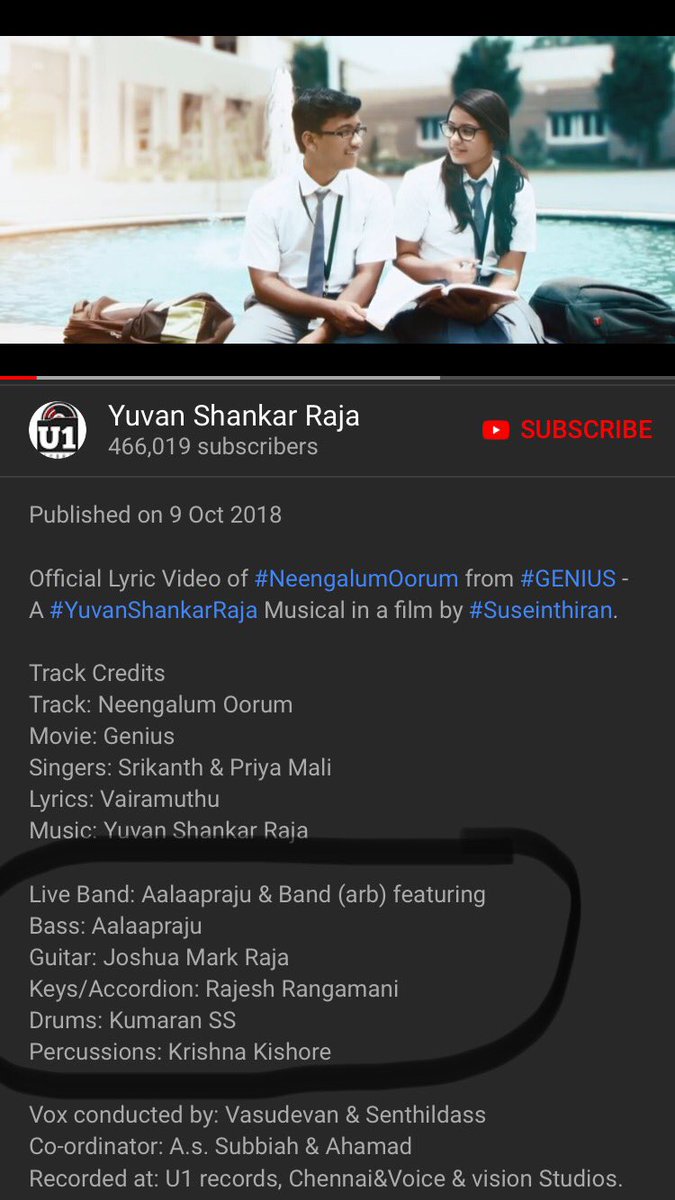 aalaapraju's tweet photo. Thank you @thisisysr for trusting me on this song - my first experience recording a full song for a film with my band #ArB #AalaapRajuandBand #YuvanShankarRaja #LiveBandRecording #Genius #NeengalumOorum

https://t.co/9iNRPVbcDL https://t.co/BCFbyodjdJ