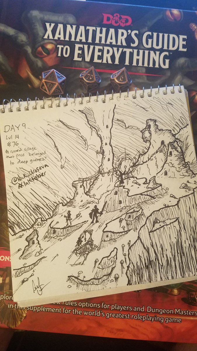 nick_uro's tweet photo. #inktober2018 Day 9.
#XGtE Underdark Random Encounter Tables. Lvl 14 (1d20), #76 (1d100), "A ruined village that once belonged to deep gnomes."
#DnD #Inktober https://t.co/QUSzVSDj3k