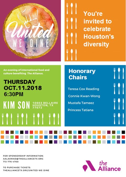Adriaticogroup's tweet photo. #Chitchathouston is so excited to host the 2nd Annual “United We Dine” event presented by #TheAllianceTX on Oct. 11, 2018 at Kimson Bellaire. The event will include 15 local restaurants chefs sharing complimentary samplings of delicious food from all around the world. https://t.co/Q4OAyqHr5C