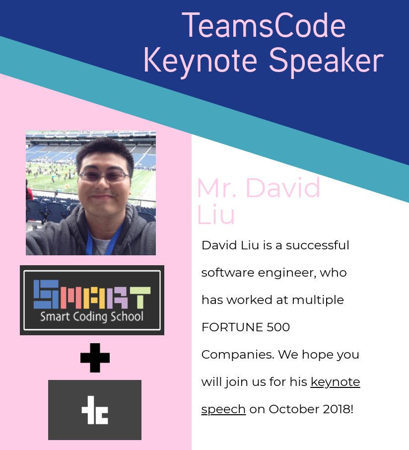 TeamsCode's tweet image. We&apos;ve almost hit 100 participants! Be sure to sign up at teamscode.com/mihs. We&apos;re looking forward to seeing everybody there, as well as the keynote speaker for the event, David Liu from Smart Coding School! #programming #code #teamscode