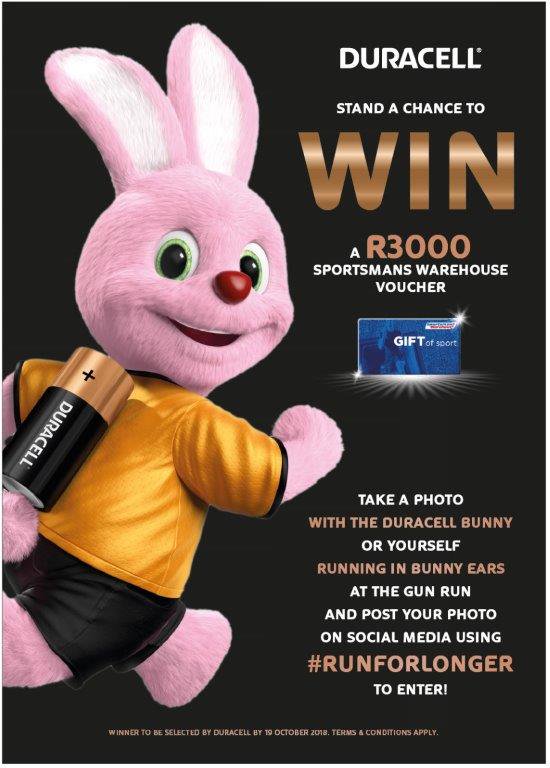 TopEventsSA's tweet image. Win with @Duracell @GunRunSA @KFMza @OUTsurance SPOT the Duracell Bunny and take THE BEST PICTURE, upload it to social media using the hashtag #runforlonger to win a R3000 @SportsmansW voucher! #gunrun #gunrun2018