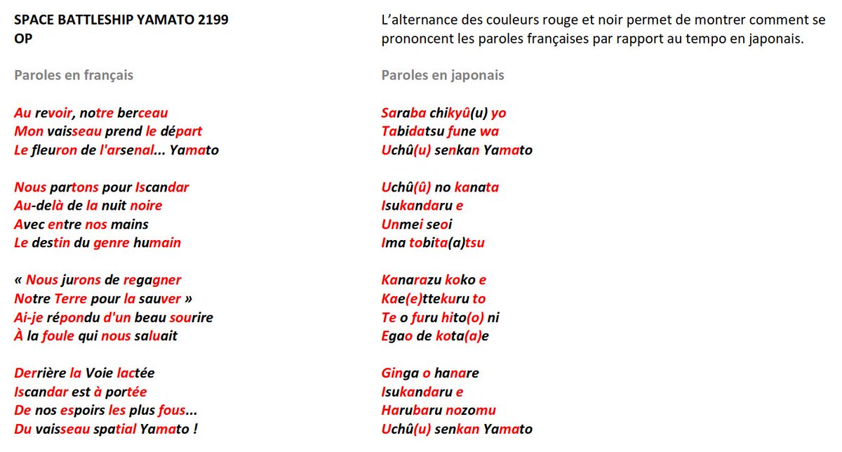 Voici donc la traduction du générique de Yamato : paroles originales et traduction « chantable ». 「宇宙戦艦ヤマト２１９９」OP歌詞フランス語訳は歌のリズムに歌えるんです！フランス語脚韻は原語版にも似ています！どうぞ説明画像を見てください！公式翻訳です。