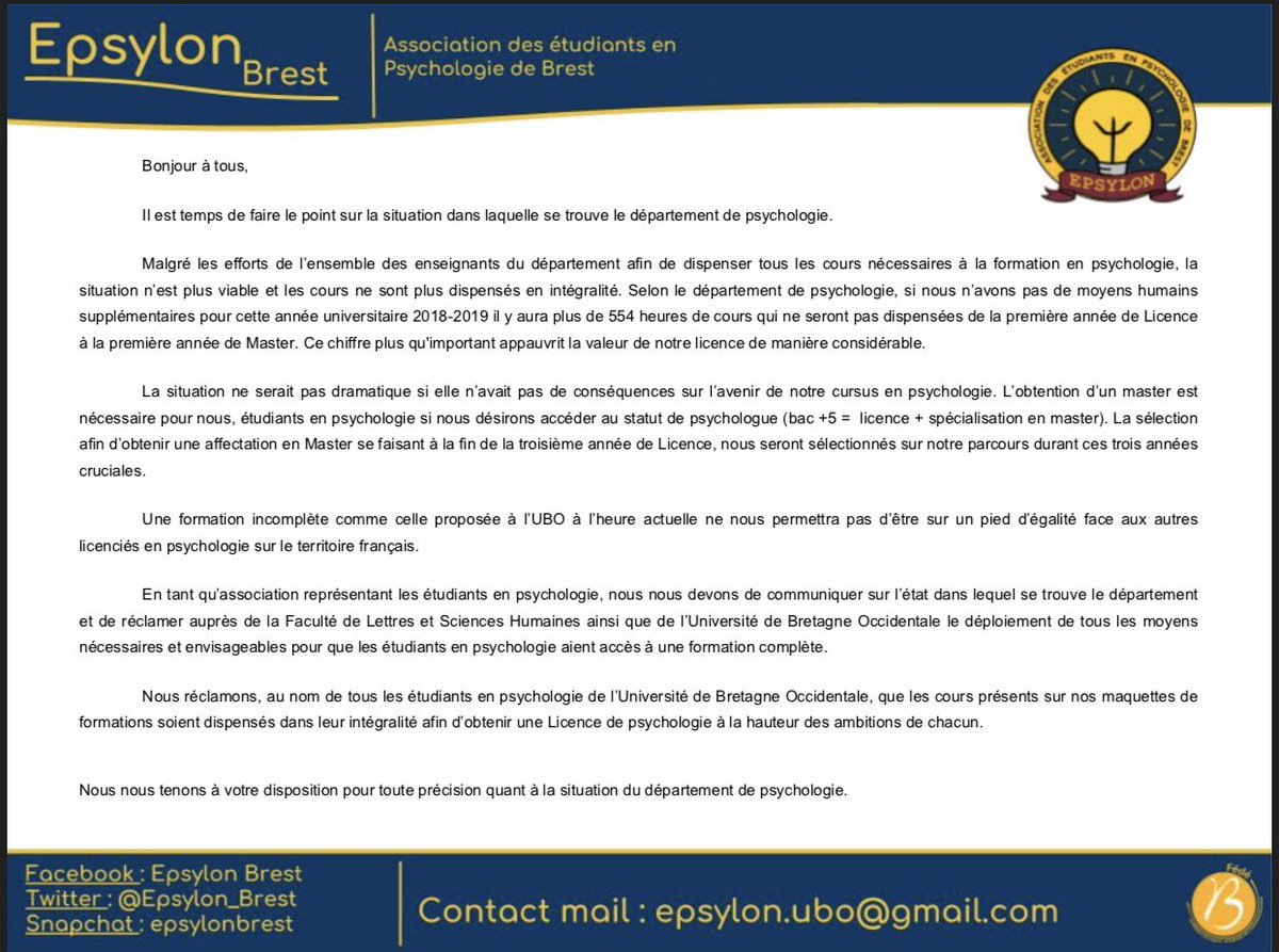 La situation reste critique au sein du département de psychologie à l’UBO. Plus de 554h non pourvues de la L1 au M1. Quand est ce que les étudiants en psychologie recevront-ils une formation complète ?