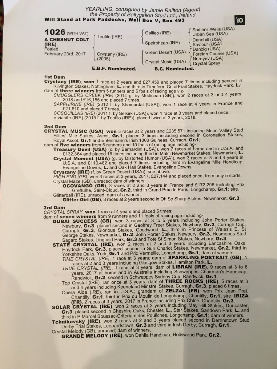 Lot No 1026 <a href="/Tattersalls1766/">Tattersalls</a>. a lovely Bay Colt by <a href="/DarleyStallions/">Darley</a> Teofilo out of the stalks placed Crystany and who's full sister Vivianite is a Maiden Winner since catalogue was printed.  Viewing <a href="/jamierailton/">Jamie Railton Sales Agency</a> wall box V, Box 439 from Friday.