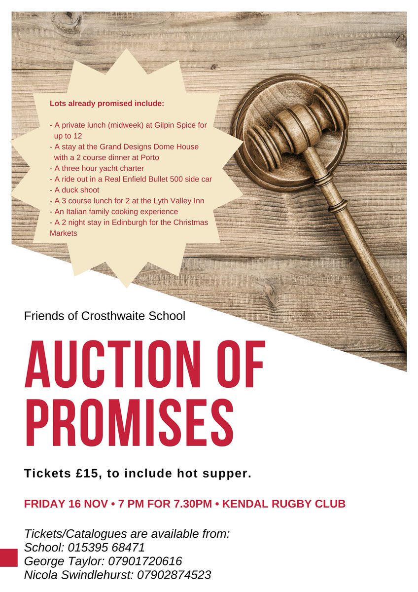 Looking forward to our first event of the academic year - #auctionofpromises <a href="/KendalRUFC/">Kendal Rugby Club</a> next month raising money for @CrosthwaiteSch info attached!