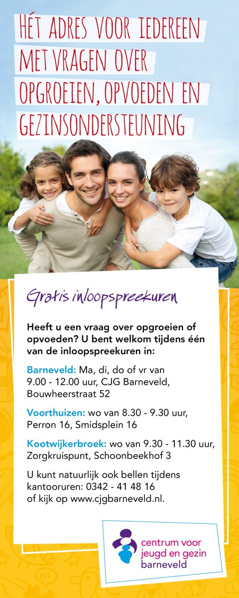 Vragen over opgroeien, opvoeden, gezinsondersteuning of relaties? Kom naar het gratis inloopspreekuur van het Centrum voor Jeugd en Gezin in Barneveld (ma, di, do, vr), Voorthuizen (wo) of Kootwijkerbroek (wo).