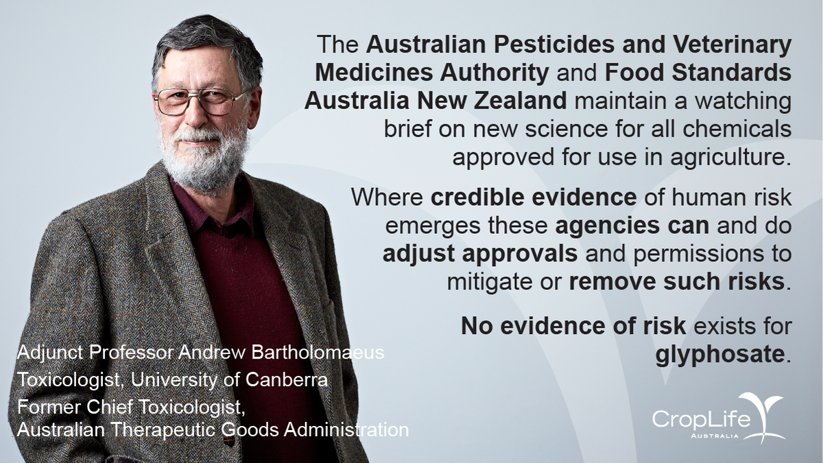CropLifeOZ's tweet photo. "The @APVMA and @FSANZnews maintain a watching brief on new science for all chemicals approved for use in agriculture. Where credible evidence of human risk emerges these agencies can and do adjust approvals and permissions to mitigate or remove such risk." - Andrew Bartholomaeus https://t.co/sD1AWKgdw7