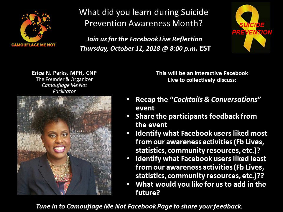 Eniparks's tweet photo. Let's Reflect!!!

We want to hear from you! Your opinion matters and it will help us to improve Camouflage Me Not future initiatives.
#Suicide #Prevention #Awareness #Month #Civilians #Children #Talk #Therapy #Help #Care #Transition #Statisitics #CivilianLife #Veterans #Families https://t.co/x81HC3ATof