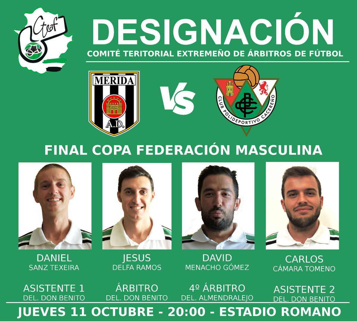 oficialcteaf's tweet photo. Equipo arbitral designado para dirigir la Final Autonómica de la Copa RFEF, el próximo jueves 11 a las 20:00 en el Estadio Romano de Mérida, entre  el @Merida_AD Y el @CPCacerenoSAD . #SuerteyRespeto. https://t.co/cuLB50pBLH