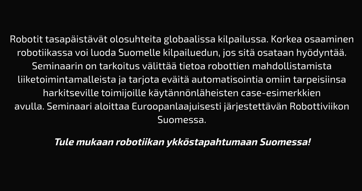 valtavalo's tweet photo. Tietoa ja käytännön esimerkkejä "Roboteilla tuotantoa Suomeen" -seminaari 19.11. #Kajaani​ssa: https://t.co/AFZkr7je7G #robottiviikko https://t.co/3auIfh360p