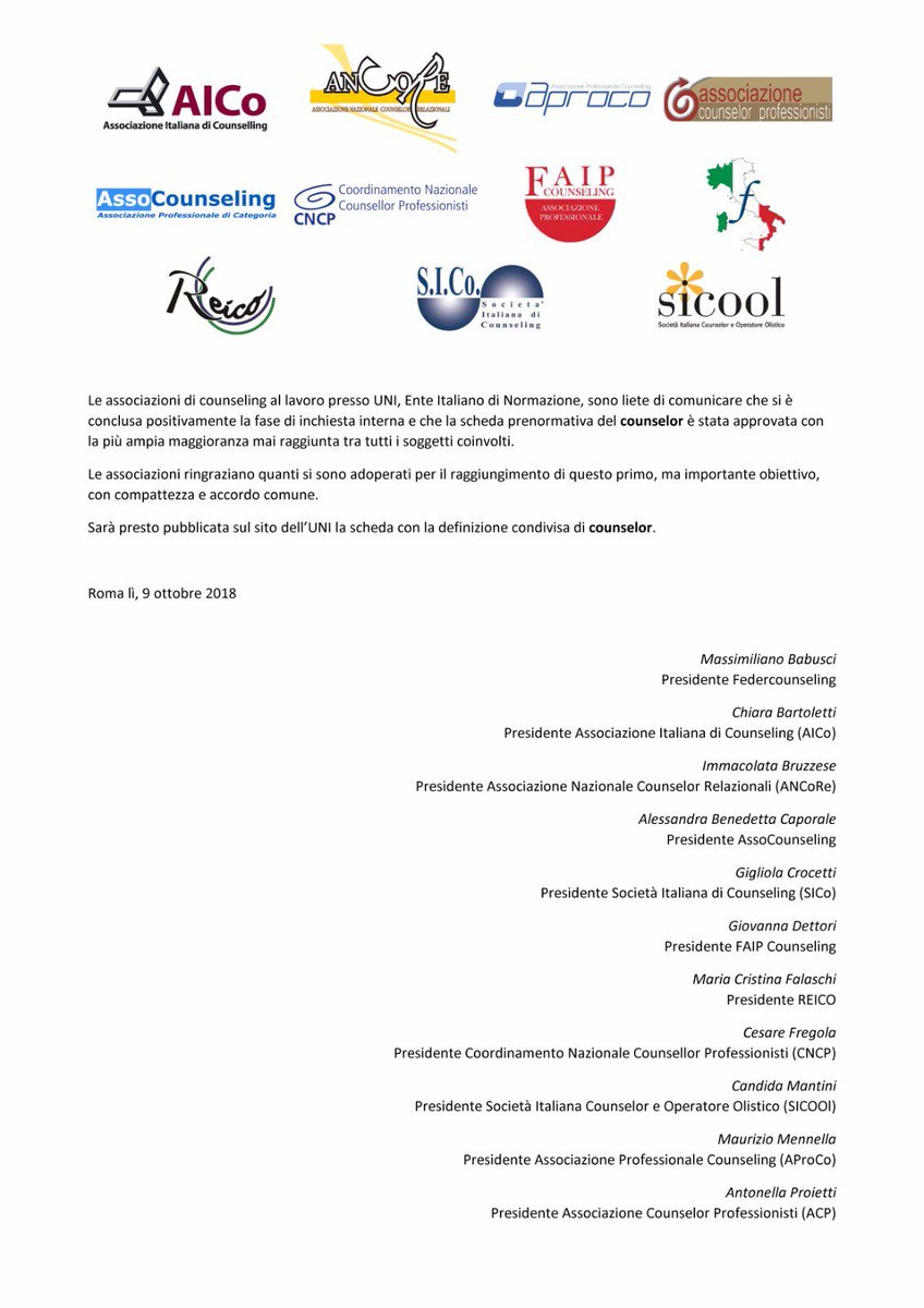 CounselingFaip's tweet photo. #Oggi  applaudiamo significativo passo in avanti per la norma tecnica #UNI, una tappa importante per il #counselor @Federcounseling @AssoCounseling, @AICounselling @CounsellingCNCP  ACP, #SICOOL, #Aproco, #SocietàItalianaCounseling, @Ass_ANCORE @AspicReico https://t.co/ZdqGVneNh0