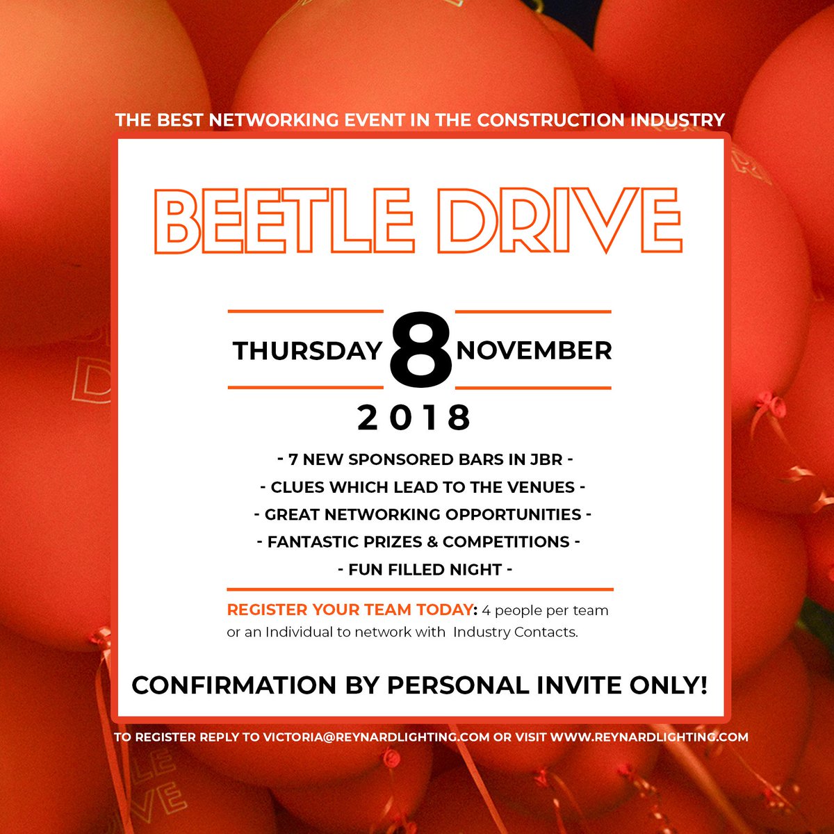 Labeled as The Best Networking Event in the Construction Industry Beetle Drive is  back on November 8, 2018. Great event with amazing prizes for Architects, ID Consultants and PM in Design Industry. To sign your team up: reynardlighting.com or victoria@reynardlighting.com