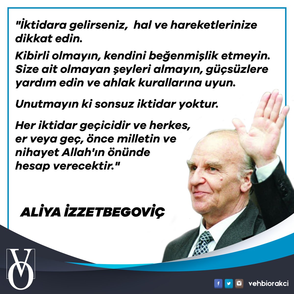 Beylikdüzü'nde adına Park yaptığımız Bilge Kral Aliya İzzetbegoviç'in bu nasihatini kendimize serlevha yapmıştık.
Ruhu şad olsun...
Ve bu nasihati kalben uyguladığımıza halkımızın ekseriyeti tanıktır çok şükür.

#BilgeKral #Aliyyaİzzetbegoviç #Beylikdüzü #Çarşamba