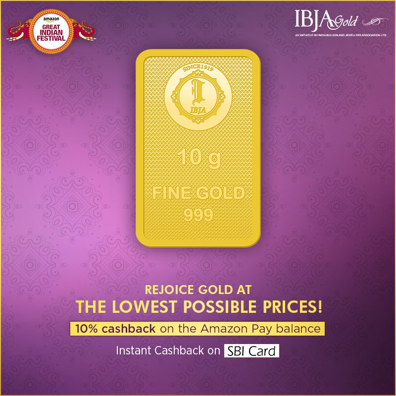 IBJAGold's tweet photo. Purity, savings and happiness guaranteed! The most awaited #AmazonGreatIndianFestival sale is now live and running! Buy the purest gold coins of 999 purity at lowest possible prices here: https://t.co/hvJCF3yMAR

#IBJAGold #Sale #SaleOnGold #BuyNow https://t.co/L2NBZSJOho