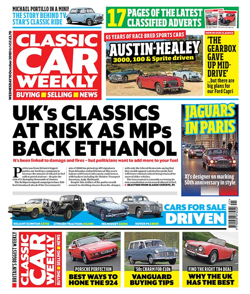 ClassicCarWkly's tweet photo. New issue out this morning:

-Why political parties are backing increased ethanol in your classic's fuel

-Austin-Healey 100, 3000 and Sprite driven

-@fuzztownshend explains handbrakes

-50 years of the Jaguar XJ celebrated: Ian Callum on taking every generation  to Paris https://t.co/l2xLukDVeJ