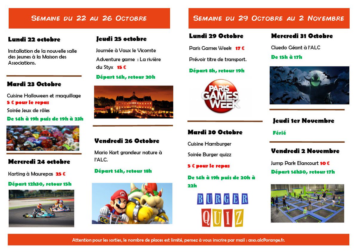 AssoAlc's tweet image. Le programme jeunesse des vacances de la Toussaint est là !!

Réservation possible via le mail asso.alc@orange.fr ou directement au bureau de l&apos;ALC à la nouvelle Maison des Associations de Chevreuse. Nous n&apos;avons pas de téléphone pour l&apos;instant.

Places limitées.