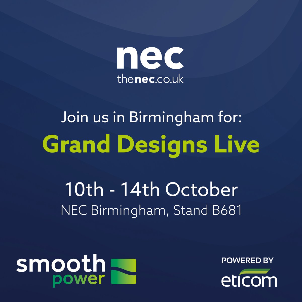<a href="/EticomUK/">Eticom</a> will be at #granddesignslive this week - Please come by, even if just to say hello - we will be showcasing SmoothPower. We are around to answer any questions. Contact us Via twitter to reserve a dedicated time slot. #protect #monitor #save @GDLive_UK