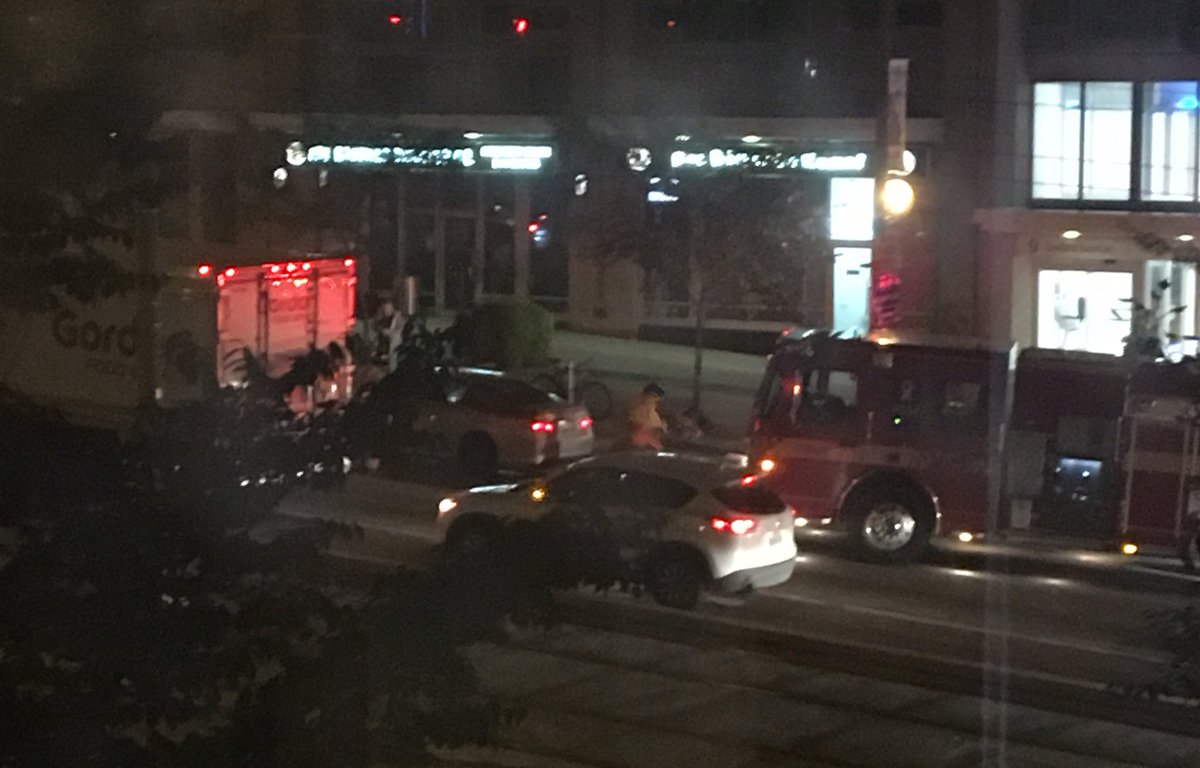 StrangeGardenON's tweet photo. Car accident at Spadina and Bremner Blvd. Loud bang just after 5am. Fire and ambulance here now. #toronto https://t.co/jE3wDG541G