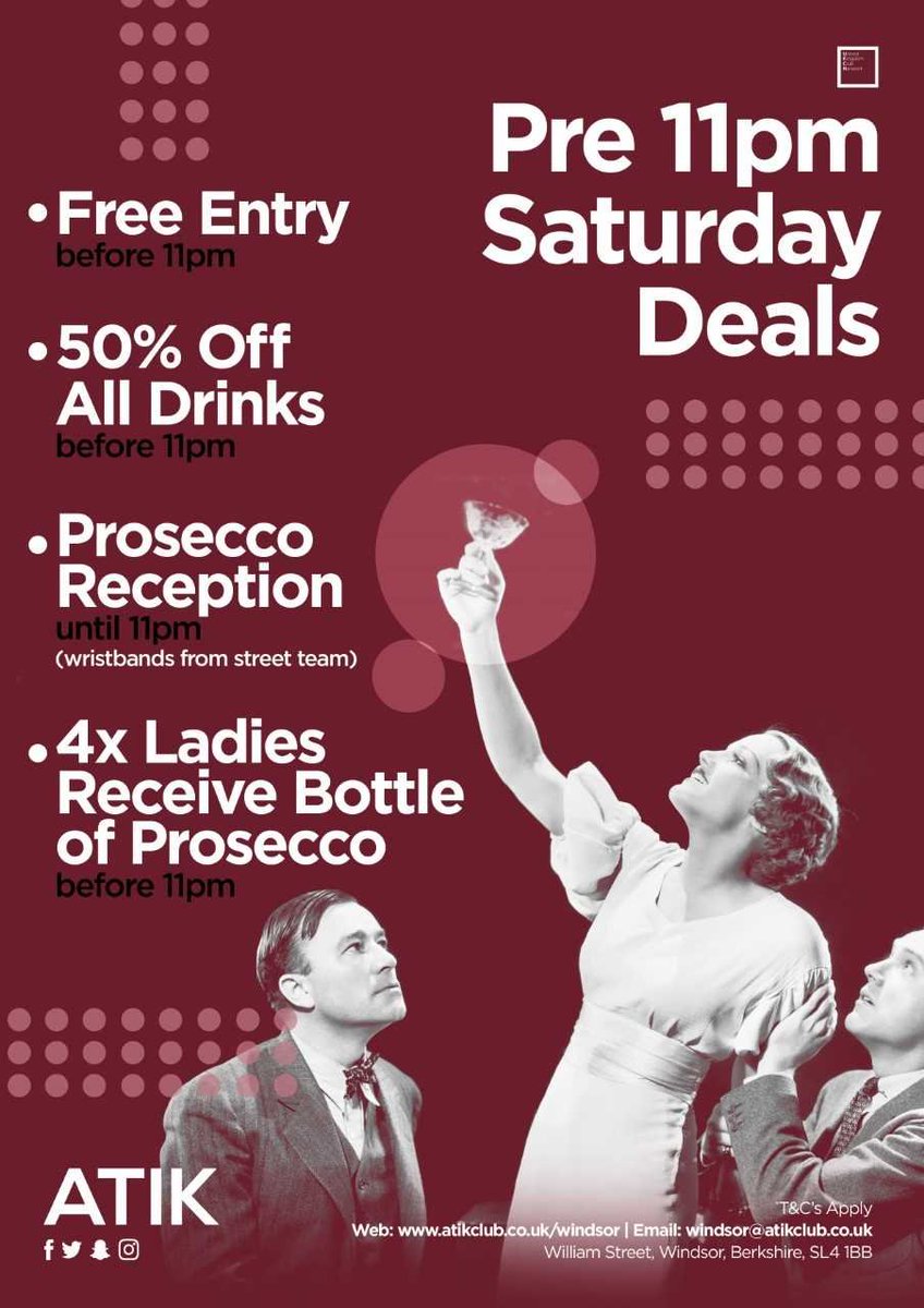 Pre 11pm Saturday deals! <a href="/AtikWindsor/">Atik Windsor</a> Free Entry* 50% off All Drinks* Prosecco Reception* 4x Ladies Receive Bottle Of Prosecco All B4 11pm! ✊ @DJintheorious <a href="/iamgoosee/">goosee</a>  <a href="/WalshyTheDJ1/">Walshy 🔑</a>