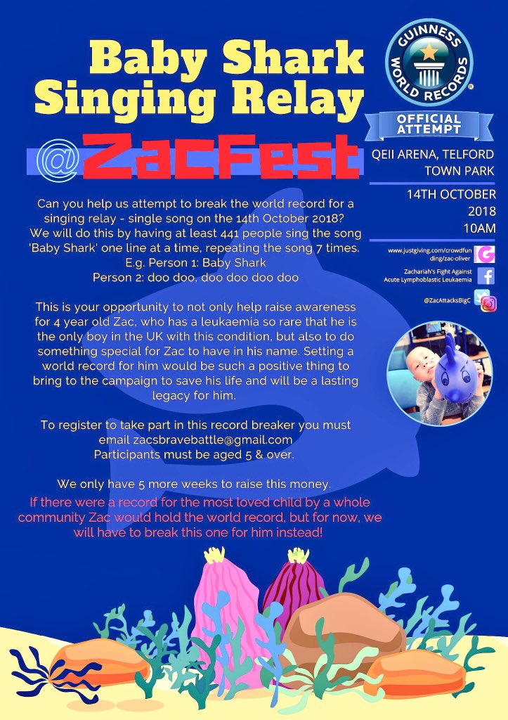 If you want to take part in the #ZacFest #GuinnessWorldRecord attempt you can fill out the registration form here 👉🏻goo.gl/forms/NXQfpbyt… #babyshark