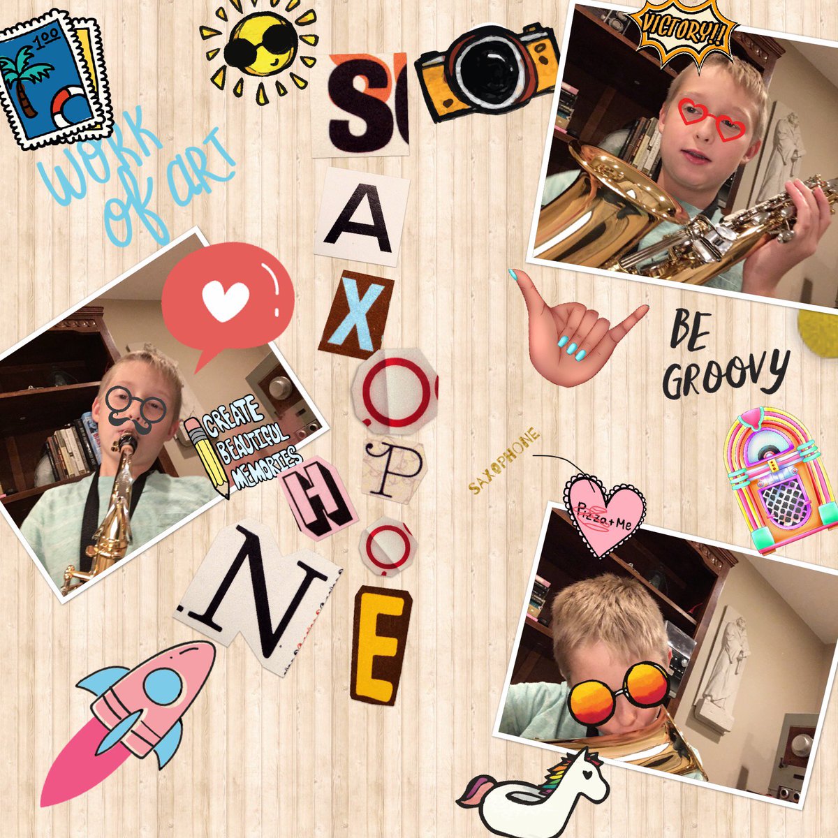 BandisGrand's tweet photo. #student #artwork using the iPads from @ISD196schools! This saxophonist made a wonderful collage in homage to the #saxophone. My favorite part? The word "pizza" crossed off and replaced with "saxophone" 😂😂😄 https://t.co/OaEWfl6GF5