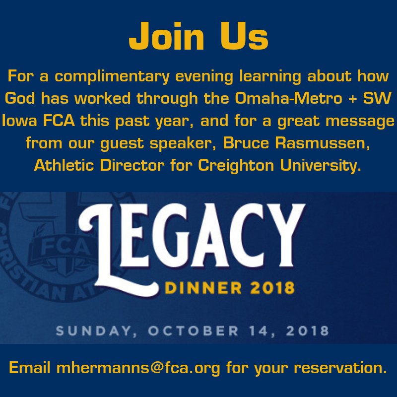 fca_omaha's tweet photo. THIS SUNDAY! There's still time and room to register. Don't miss out on this year's EXCITING Legacy Dinner! Contact mhermanns@fca.org to reserve your spot TODAY! #FCA #dsgw #Legacy2018 https://t.co/SCibnwgBjC