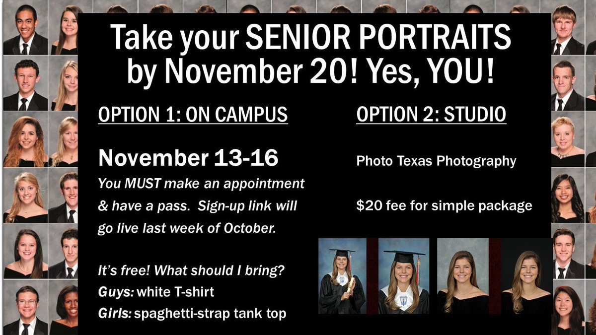 VRHSWord's tweet photo. Class of 2019!

https://t.co/gOcRGDXOeT has all your senior things -- cap &amp; gown, announcements, yearbook &amp; senior ads!

And don't forget to take your senior portrait by Nov. 20. Photo Texas Photography will be ON CAMPUS Nov. 13-16. Online sign-ups will open in two weeks! https://t.co/cClbUKveOj