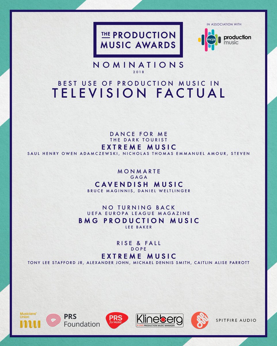 Best use of Production Music in Television Factual: <a href="/ExtremeMusic/">Extreme Music</a> (X2) / <a href="/cavendish_HQ/">Cavendish Music</a> / <a href="/BMGPM_UK/">BMG Production Music</a>