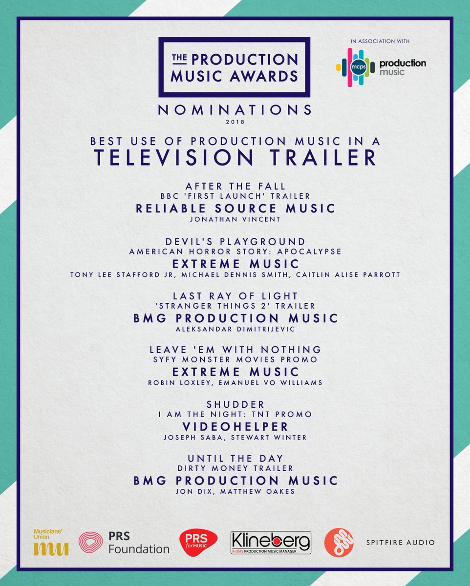 Best use of Production Music in a Television Trailer nominees are: @RSMLibrary / <a href="/ExtremeMusic/">Extreme Music</a> (X2) / <a href="/BMGPM_UK/">BMG Production Music</a> (X2) / <a href="/VideoHelper/">VideoHelper Music + Sound</a> Congrats all!