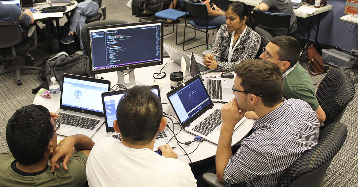 PGRCareers's tweet photo. At our latest CodeJam, teams of #PGRemployees brought their creative A games and unique business solutions to our Discovery training building, where they spent two days coding, testing, and collaborating. #LifeAtProgressive #RethinkProgressive https://t.co/3LdYRAgCcu