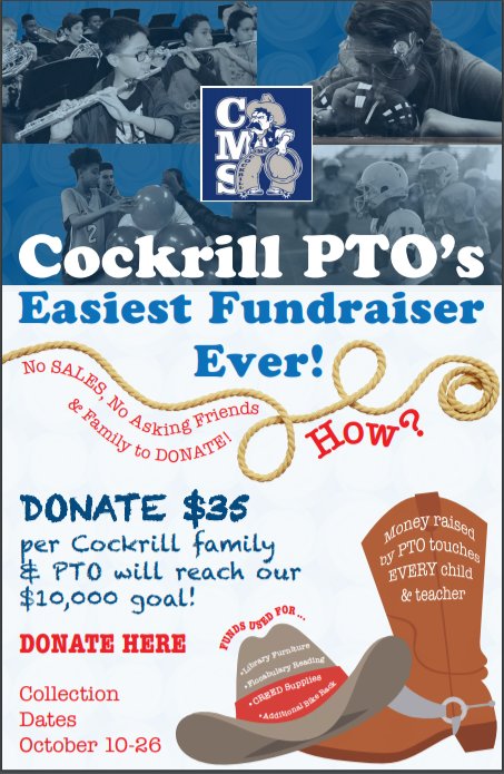 Our #CMSCowboys Giving Campaign starts today! Remember this is a giving campaign; no sales, no asking friends, just donations.  The goal is $35 dollar per Cockrill family. Check out the attached flyer for additional details. 
Link to donate: squareup.com/store/pto18-19