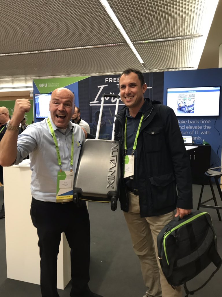 We have our day 1 winner at #GTC2018 ! Congrats! And dont forget, tomorrow we’ll repeat the raffle with a Nutanix suitcase/phone charger/copper bottle! Be there to win 15.45!!!! #kitkase