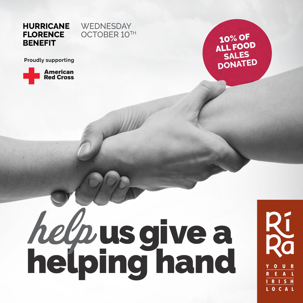 riracharlotte's tweet photo. Make sure to stop in today for a bite, we'll be donating 10% of ALL food sales to the American Red Cross to support #HurricaneFlorence relief! #CharityNight #GiveBack #Charity #CLT #Uptown #Local #IrishLocal https://t.co/II6ZXuIoac