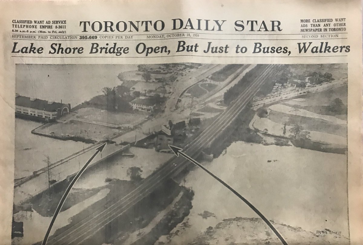 This Saturday, Oct 13, don't miss the annual Historic Hurricane Hazel walk:  Meet at Old Mill subway 10am. Pic: Toronto Daily Star &amp; Globe  Oct 18, 1954: "Wires, pipes dangle across gap" in bridge at Lake Shore  Rd over flooded #HumberRiver. #SwanseaTO #HurricaneHazel