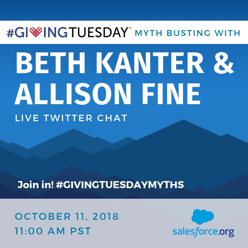 #GivingTuesday There are many myths about running a <a href="/GivingTuesday/">#GivingTuesday</a> campaign. Join <a href="/afine/">Adamek fine</a> &amp; I for a live Q&amp;A on <a href="/SalesforceOrg/">Salesforce.org</a> this Thursday as we bust common misconceptions.  #nptech 

Oct. 12th at 11 am PST twtd.by/kanter/b1fzaX2…