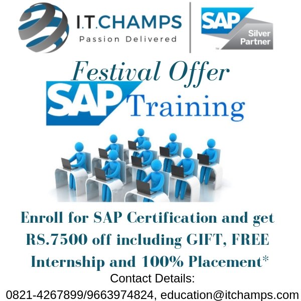 ITChamps_SAP's tweet image. #festival_vibes
Get upto 7500/- Discount only on 16-10-18, including alluring GIFT,FREE Internship and 100% Placement* by selecting the #SAP_Certification course this season.
Bhavya: 0821-4267899/9663974824
📩education@itchamps.com
Visit: itchamps.com/training-metho…