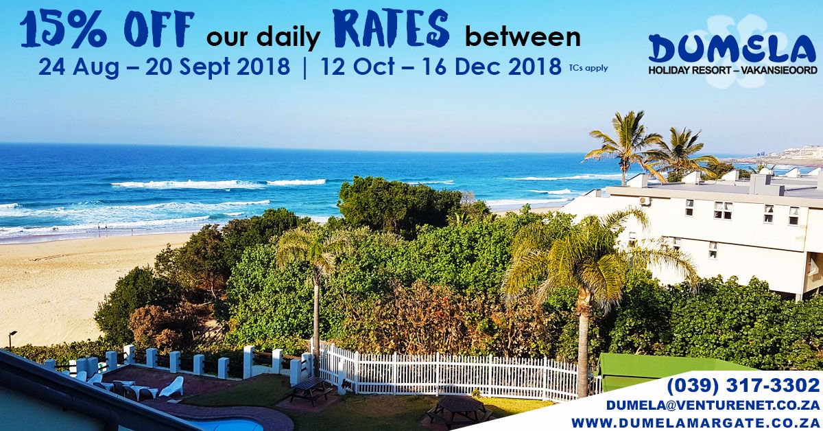 DumelaMargate's tweet photo. 15% off our daily rates for bookings made between 24 Aug – 20 September & 12 Oct – 16 Dec 2018 MORE INFO https://t.co/EIrc8yjPOK
#KZNSouthCoast #AccommodationDeal #CheapAccommodation #AccommodationSpecial #InstaTravel #InstaDeals #MeetSA #WhereToStay https://t.co/5u0x52qjdh