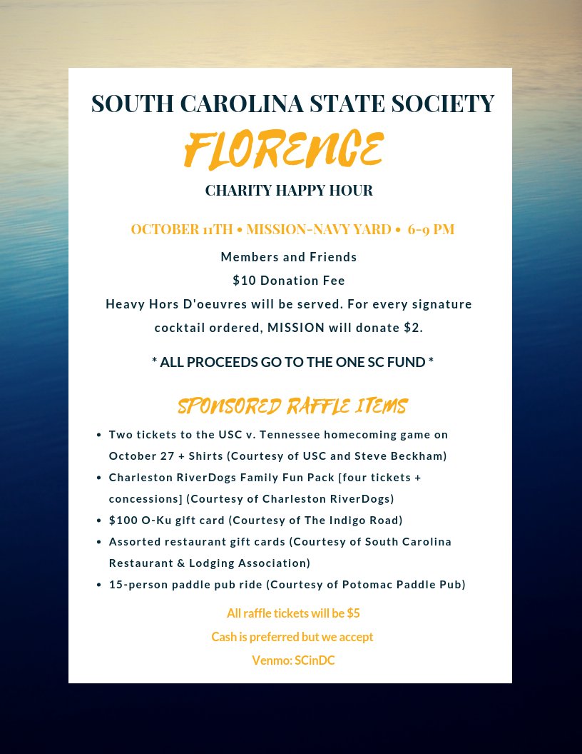 DON't MISS OUT #SCinDC gives back! Florence charity happy hour tomorrow night <a href="/missionnavyyard/">Mission Navy Yard</a>. HUGE shout out to our sponsors: <a href="/UofSC/">University of South Carolina</a>, <a href="/ChasRiverDogs/">Charleston RiverDogs</a>, The Indigo Road Restaurant Group, SC Restaurant &amp; Lodging Assoc, &amp; Potomac Paddle Pub🌙🌴❤️