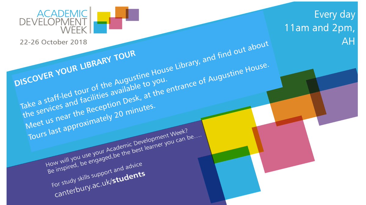 We are offering tours of the library in Academic Development Week. 

Every day next week at 11am and 2pm.

Find out about the services and facilities available to you. 
Meet us at the Reception Desk, AH.