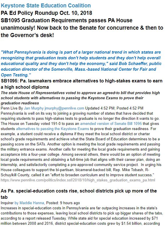 lfeinberg's tweet photo. Keystone State Education Coalition PA Ed Policy Roundup Oct. 10, 2018
#SB1095 Graduation Requirements passes PA House unanimously! Now back to the Senate for concurrence &amp; then to the Governor’s desk!
https://t.co/1ReO2Q4Le8 https://t.co/mQu6FCcNxf