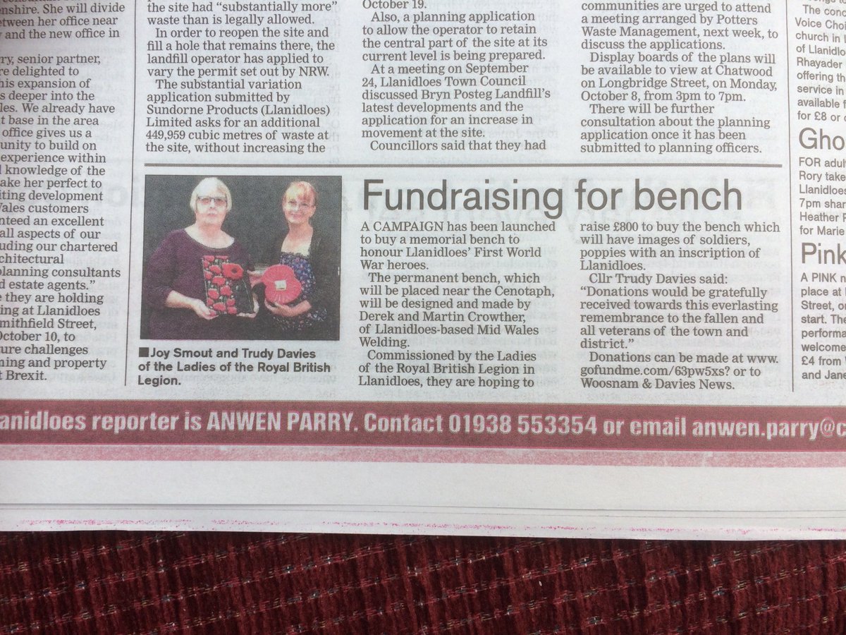trudydavies1964's tweet image. Thanks to The County Times. 
A great local paper for highlighting our ‘Bench Appeal’
#TurnOurTownRed for remembrance #CountdownToPeace
#Legion #PoppyAppeal 
#Woosnam #ShopLocal #Llanidloes #IAA18
@betterRetailing @IAAcademy @AnwenParryCT @Retailexpress