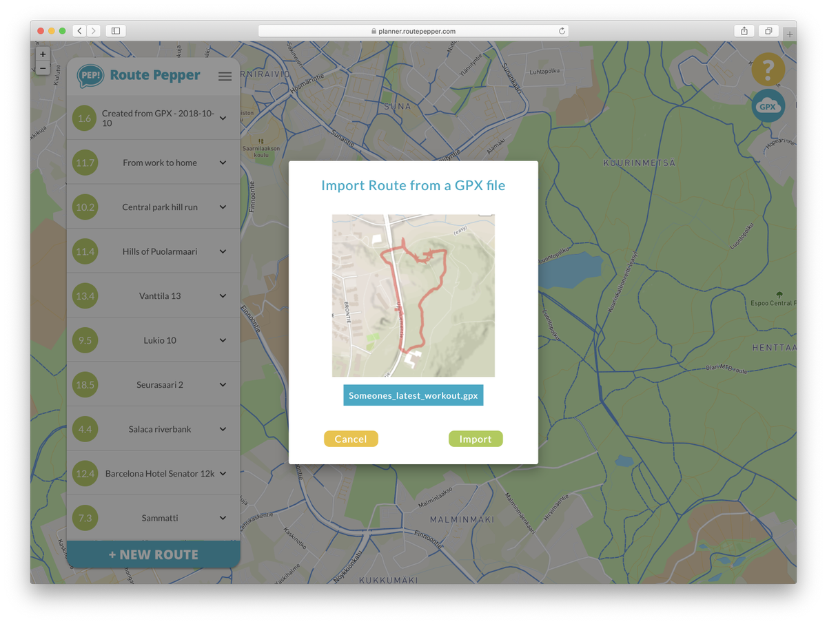 RoutePepper's tweet photo. You can now import GPX files as a route in our Planner!

Simply import your/someone's earlier workout or readymade route and add your own Pep Points along the route to stay on path. #running #247running #runningapps #runchat #runnersworld

To download: https://t.co/8QYETOThDY https://t.co/6ClenM3DWh