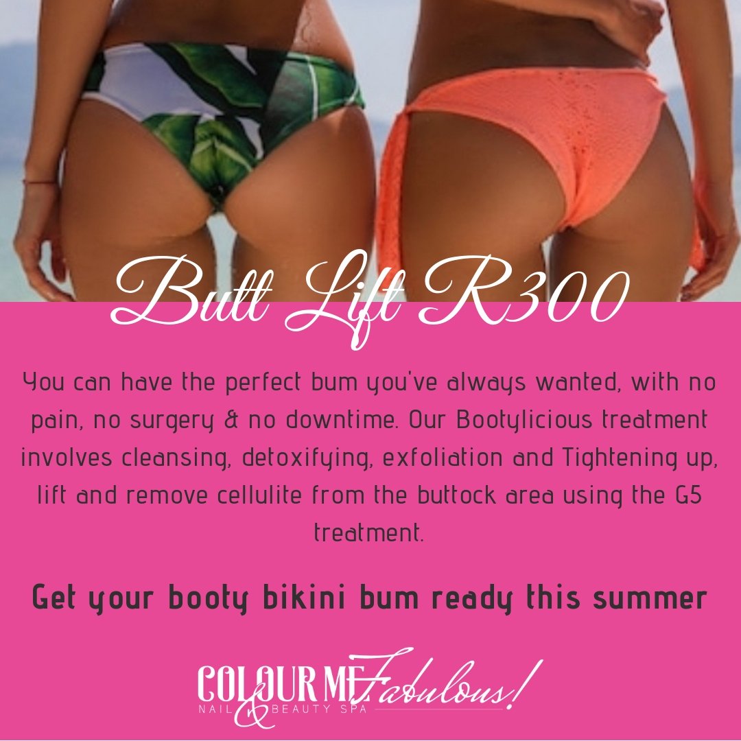 ColourFabulous's tweet photo. Get your booty bikini bum ready this summer.

Contact us on 0639732765 or crystal@colourmefabulous.co.za to make a booking.
Shop 11 Honey Crest Shopping Centre Beyers Naude Drive, Randpark Ridge

#colourmefabulous #bootyliscious #perfectbum #bikinibum #g5treatment https://t.co/xuECzgiSP1